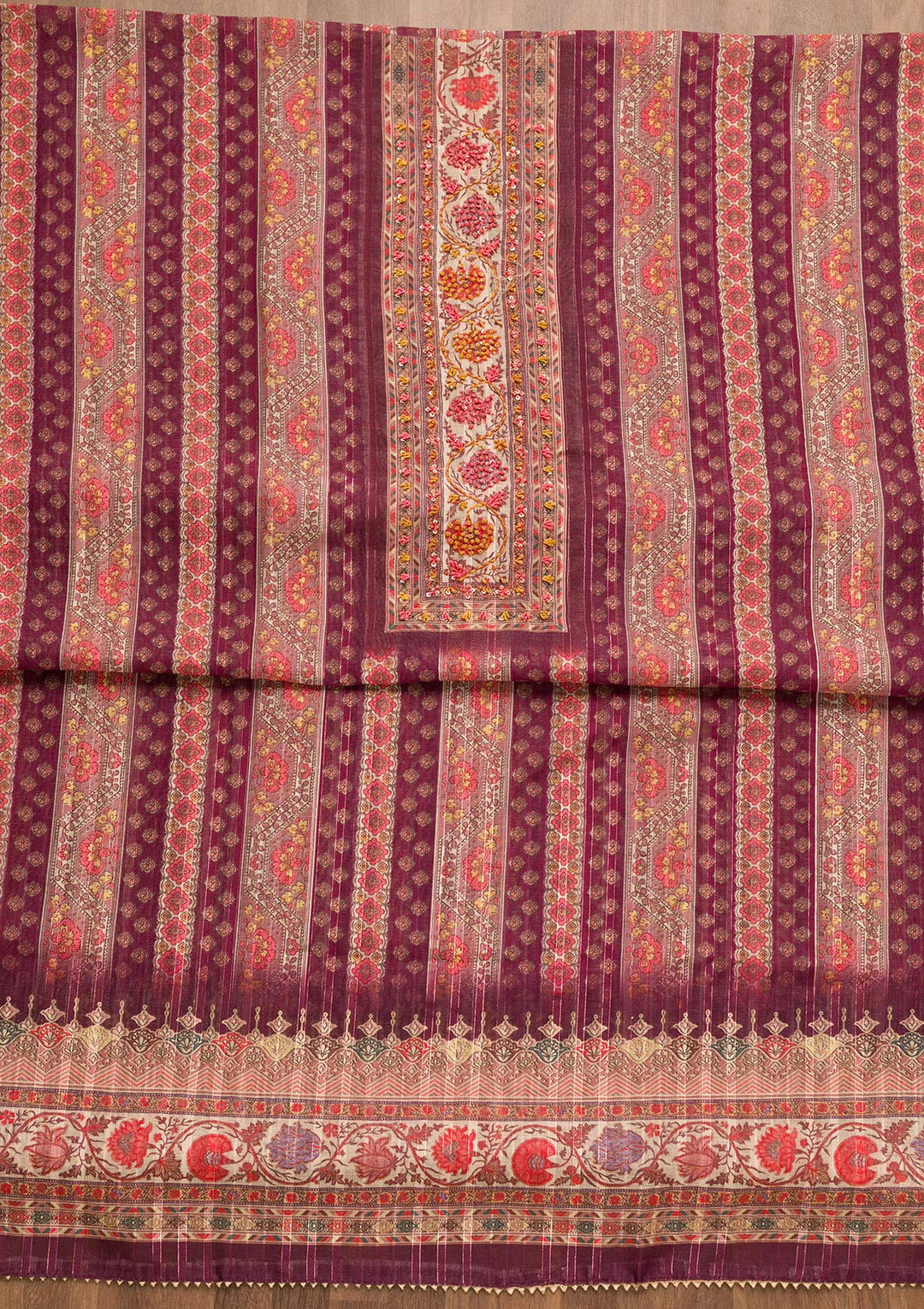 Purple Threadwork Chanderi Unstitched Salwar Suit-Koskii