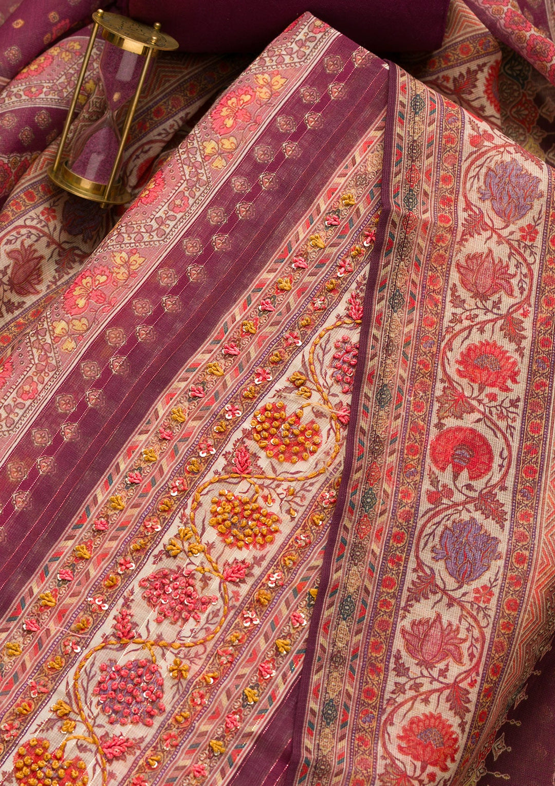 Purple Threadwork Chanderi Unstitched Salwar Suit-Koskii