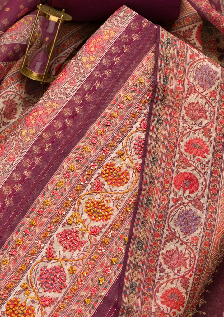 Purple Threadwork Chanderi Unstitched Salwar Suit-Koskii