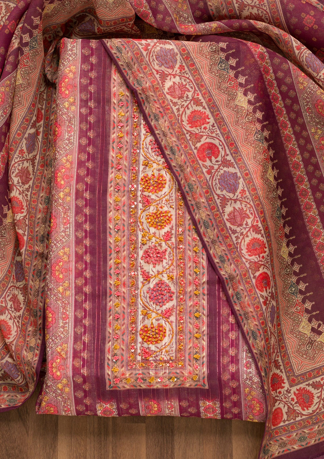 Purple Threadwork Chanderi Unstitched Salwar Suit-Koskii