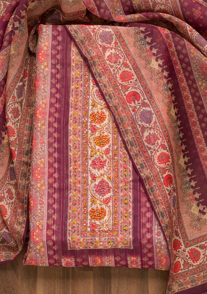 Purple Threadwork Chanderi Unstitched Salwar Suit-Koskii