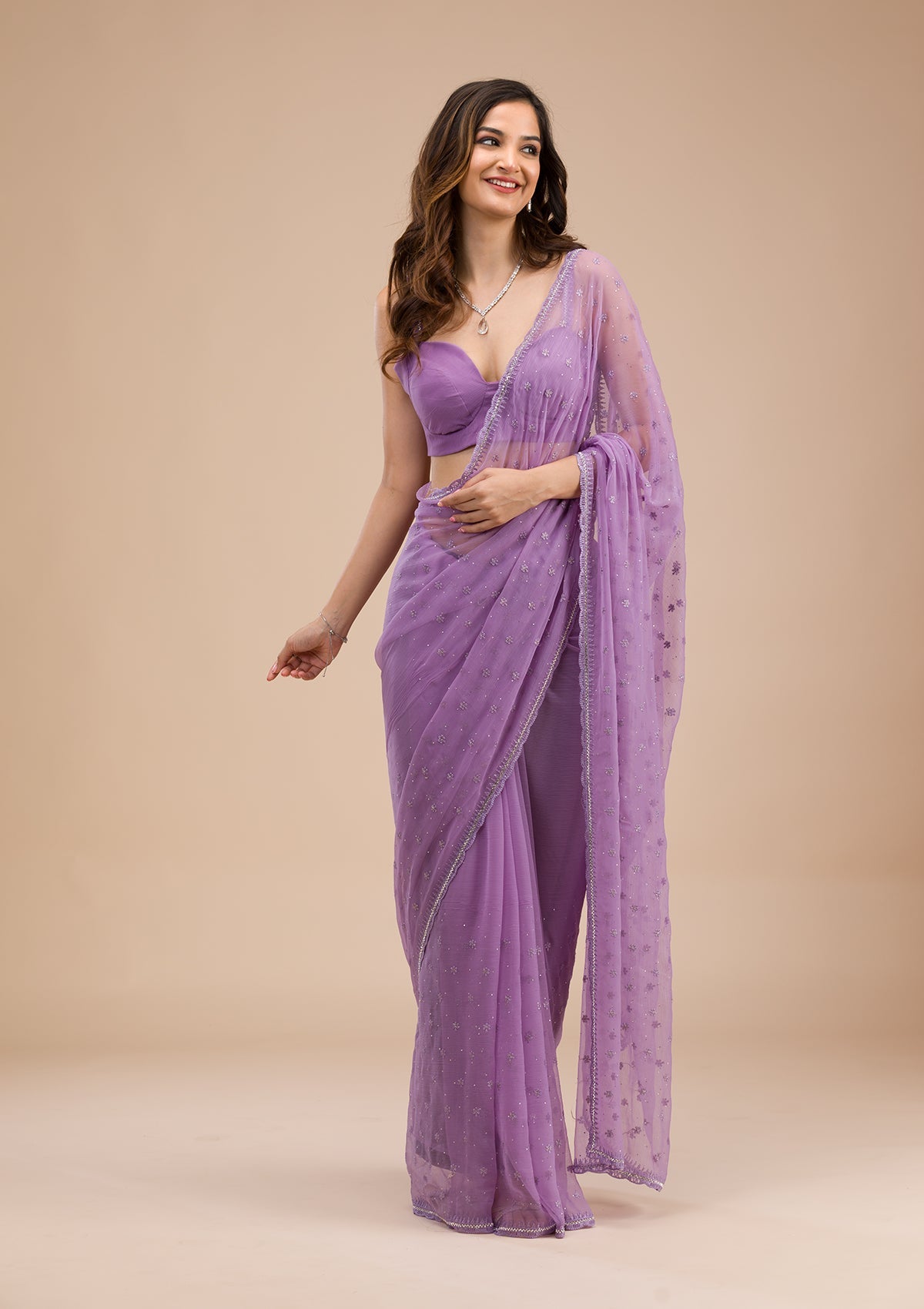 Purple Threadwork Chiffon Saree-Koskii