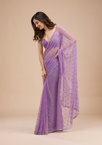 Purple Threadwork Chiffon Saree-Koskii