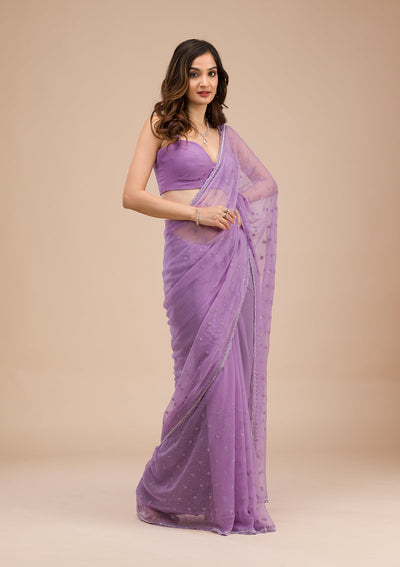 Purple Threadwork Chiffon Saree-Koskii