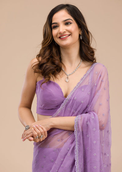 Purple Threadwork Chiffon Saree-Koskii