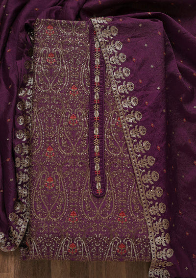 Purple Threadwork Georgette Unstitched Salwar Suit-Koskii