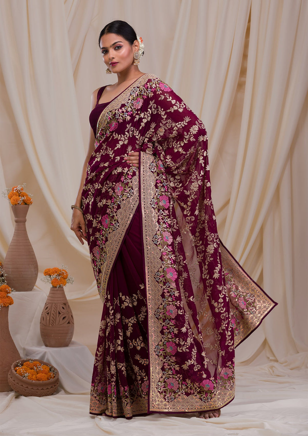 Purple Threadwork Georgette Saree-Koskii