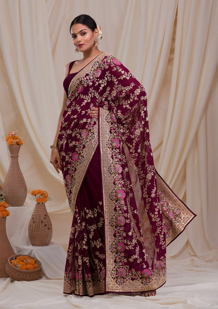 Purple Threadwork Georgette Saree-Koskii