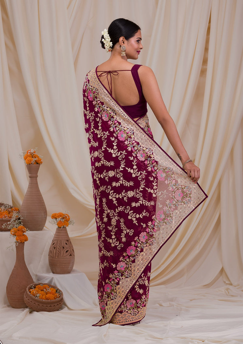 Purple Threadwork Georgette Saree-Koskii