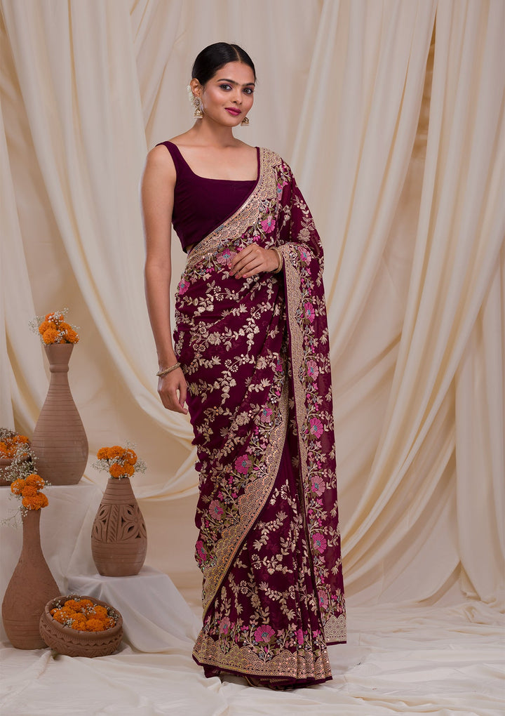 Purple Threadwork Georgette Saree-Koskii