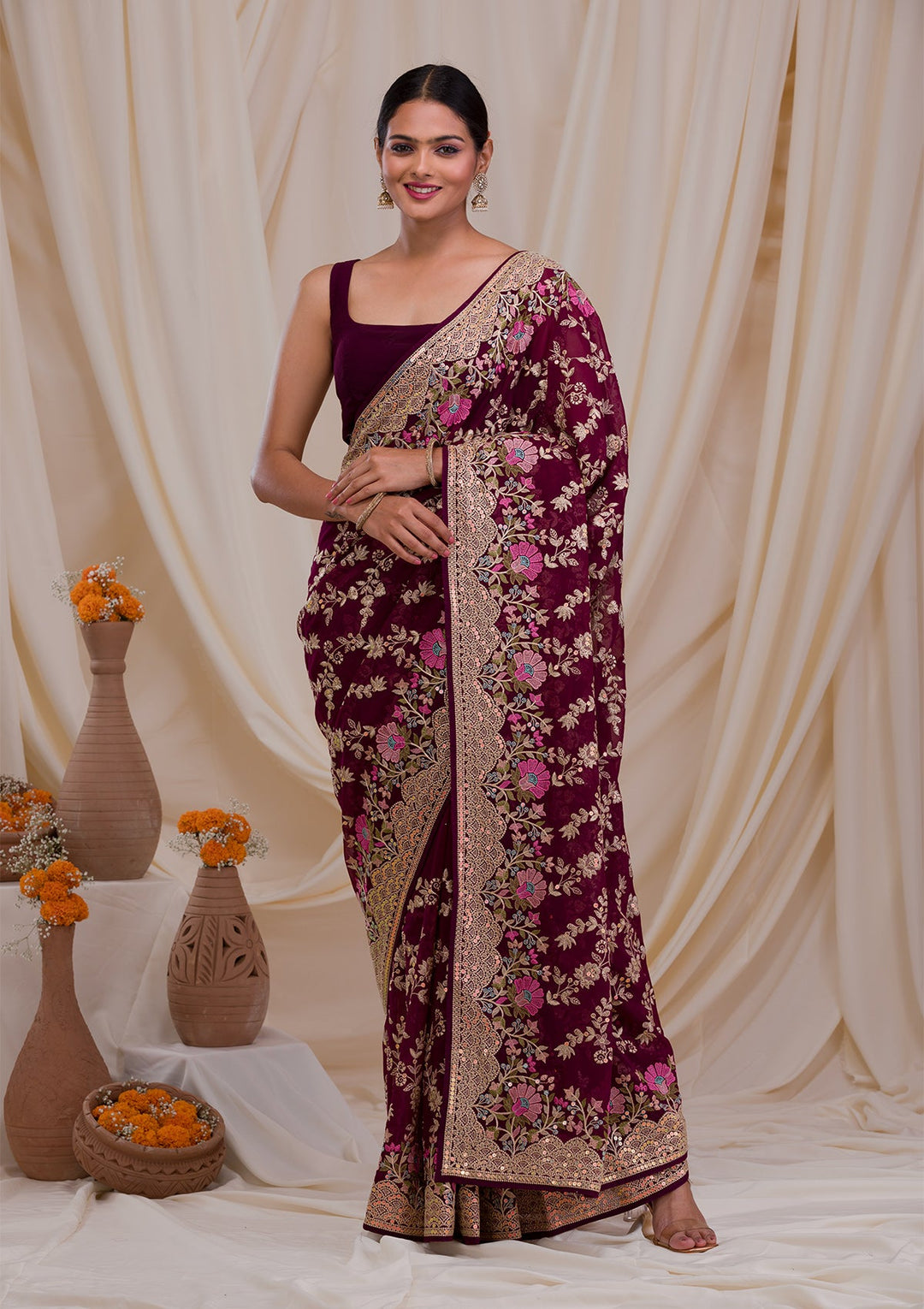 Purple Threadwork Georgette Saree-Koskii