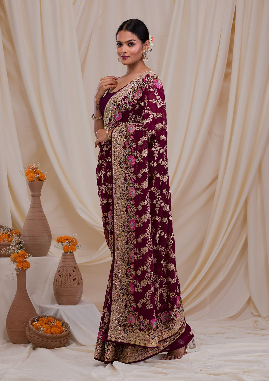 Purple Threadwork Georgette Saree-Koskii