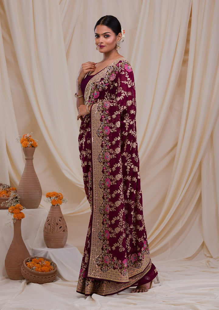 Purple Threadwork Georgette Saree-Koskii