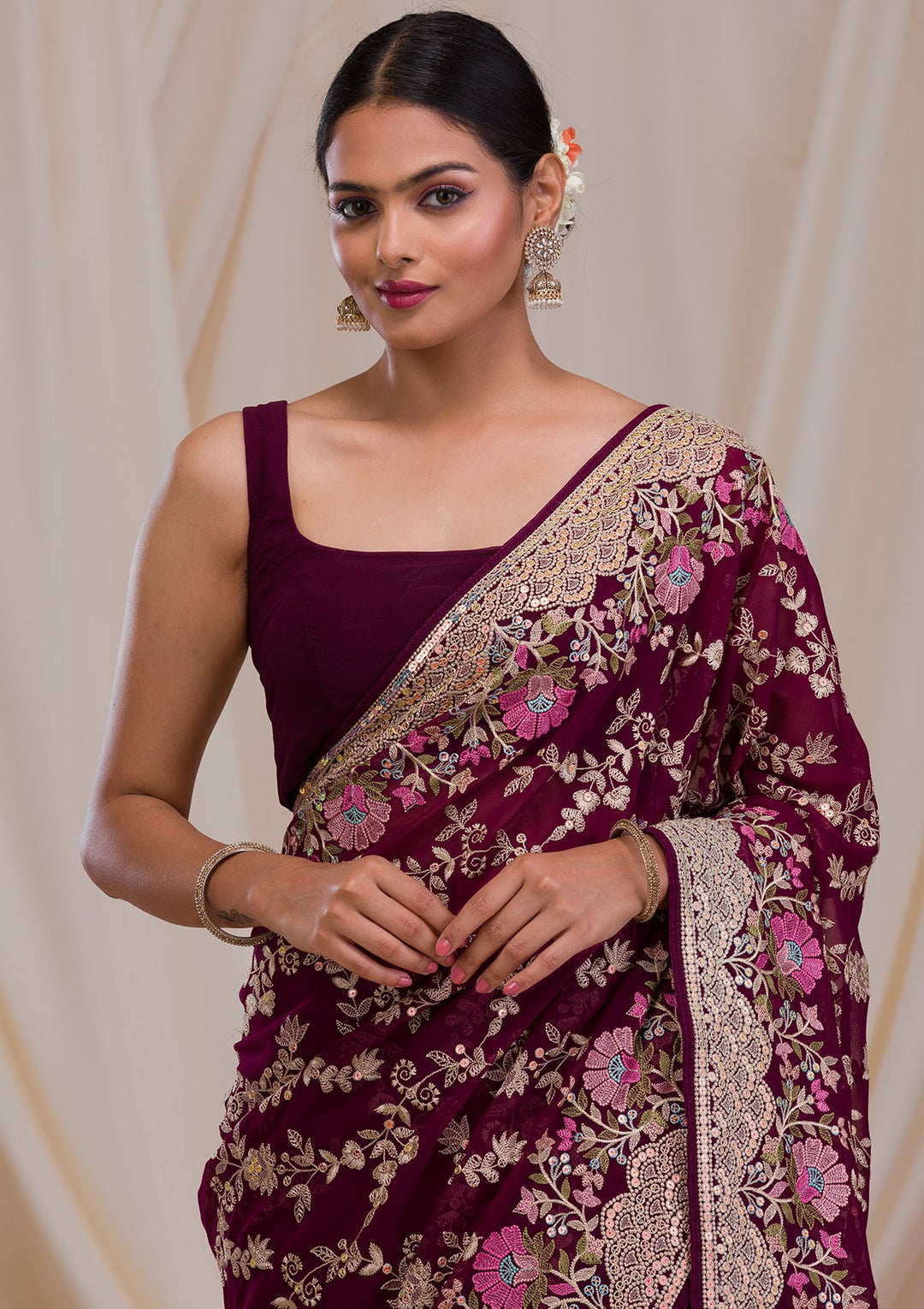 Purple Threadwork Georgette Saree-Koskii