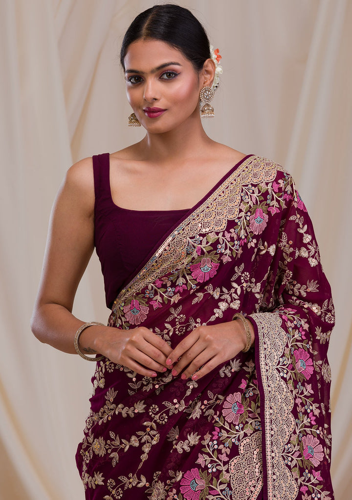 Purple Threadwork Georgette Saree-Koskii