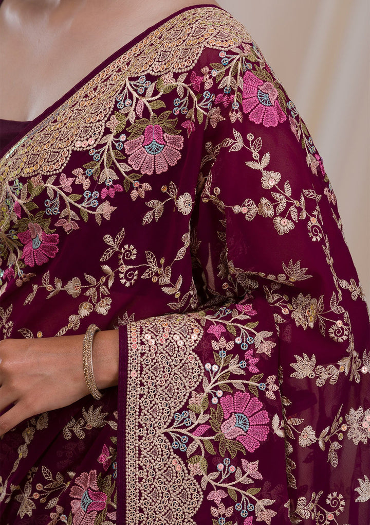 Purple Threadwork Georgette Saree-Koskii