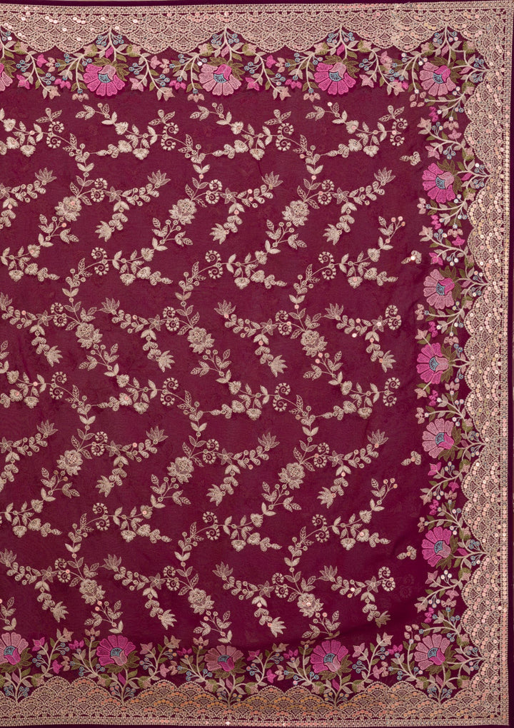 Purple Threadwork Georgette Saree-Koskii