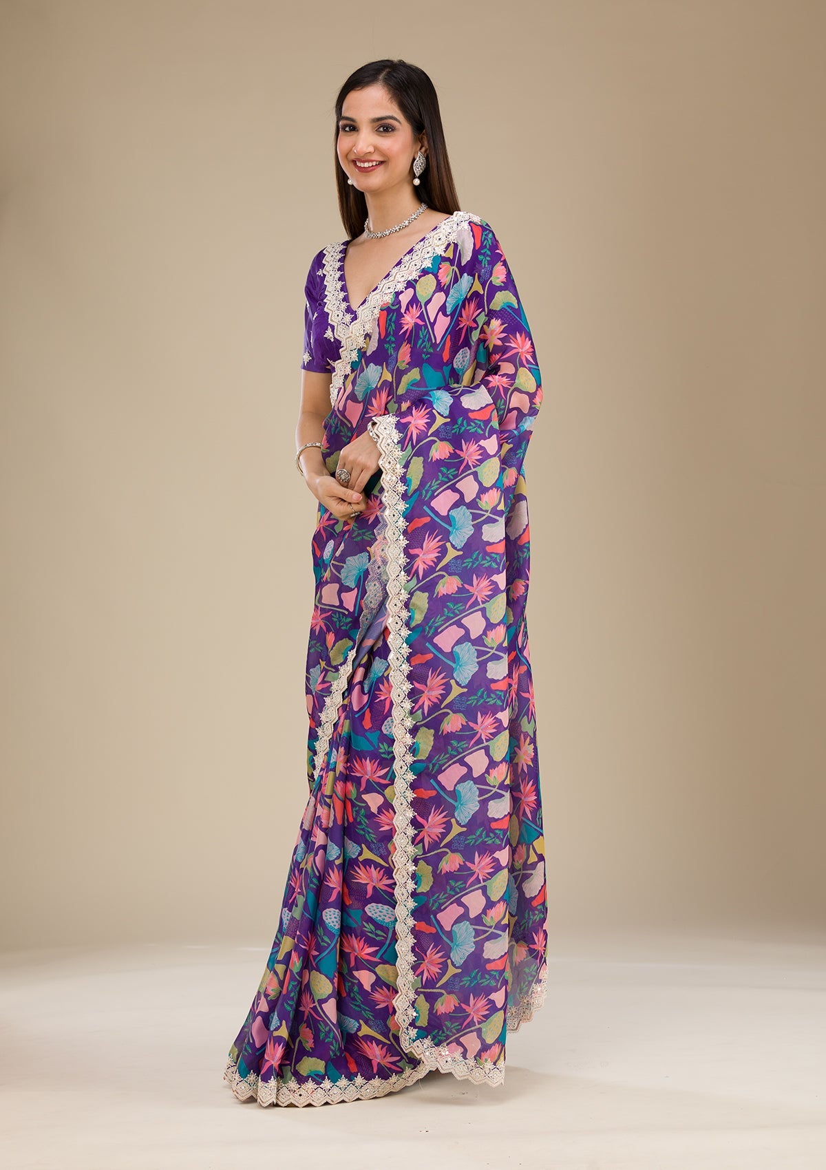 Purple Threadwork Georgette Saree-Koskii