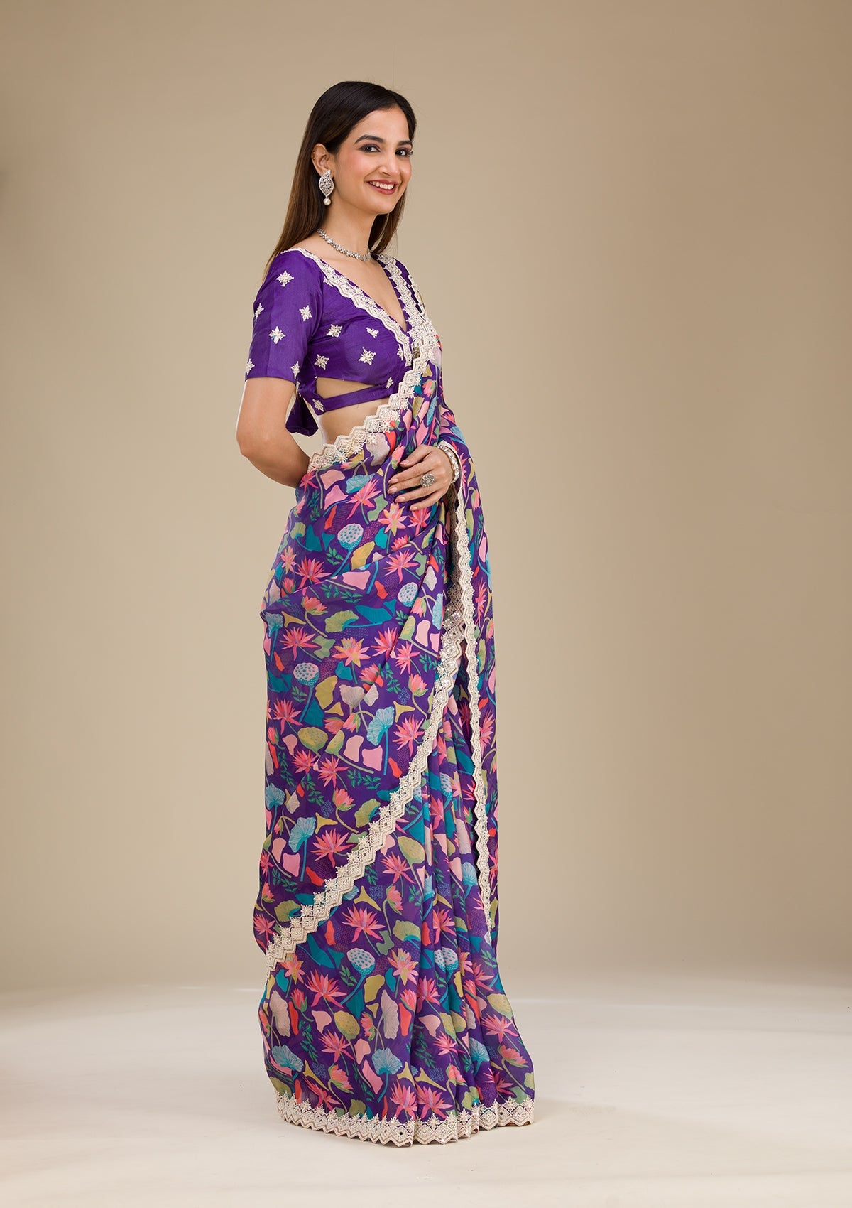 Purple Threadwork Georgette Saree-Koskii