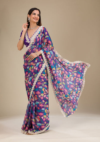 Purple Threadwork Georgette Saree-Koskii