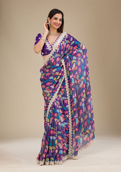 Purple Threadwork Georgette Saree-Koskii