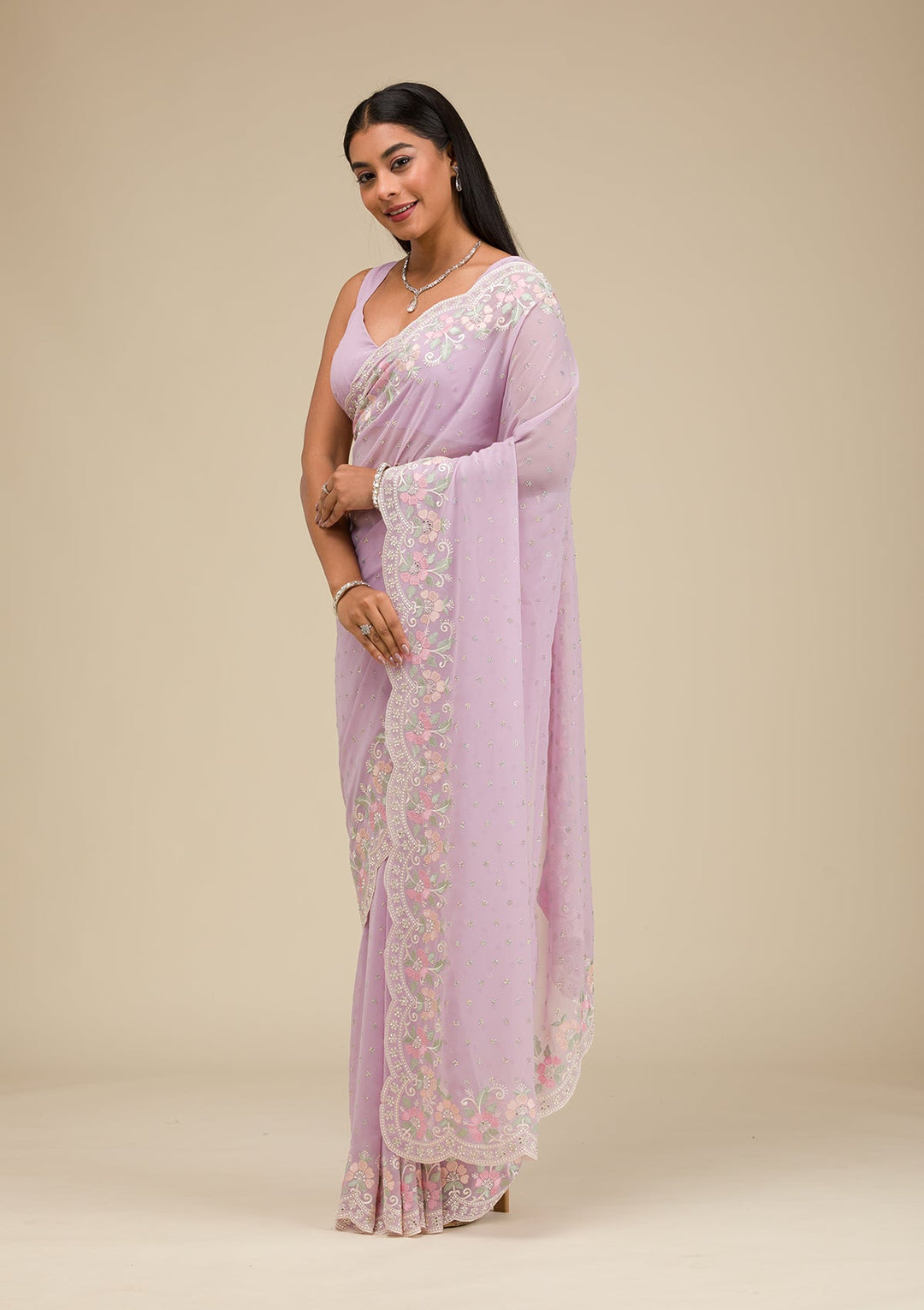 Lavender Threadwork Georgette Saree-Koskii