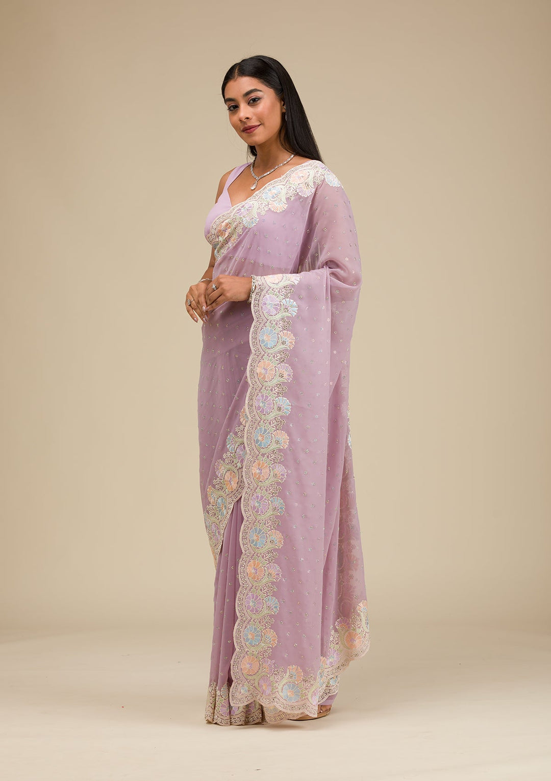 Lavender Threadwork Georgette Saree-Koskii