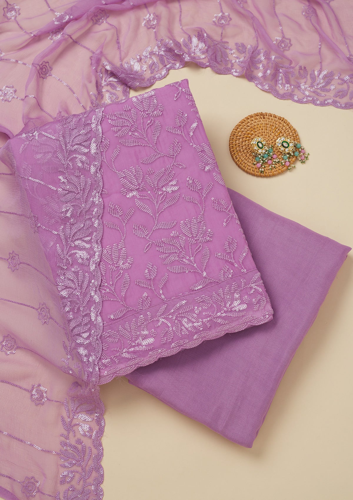 Purple Threadwork Organza Unstitched Salwar Suit-Koskii