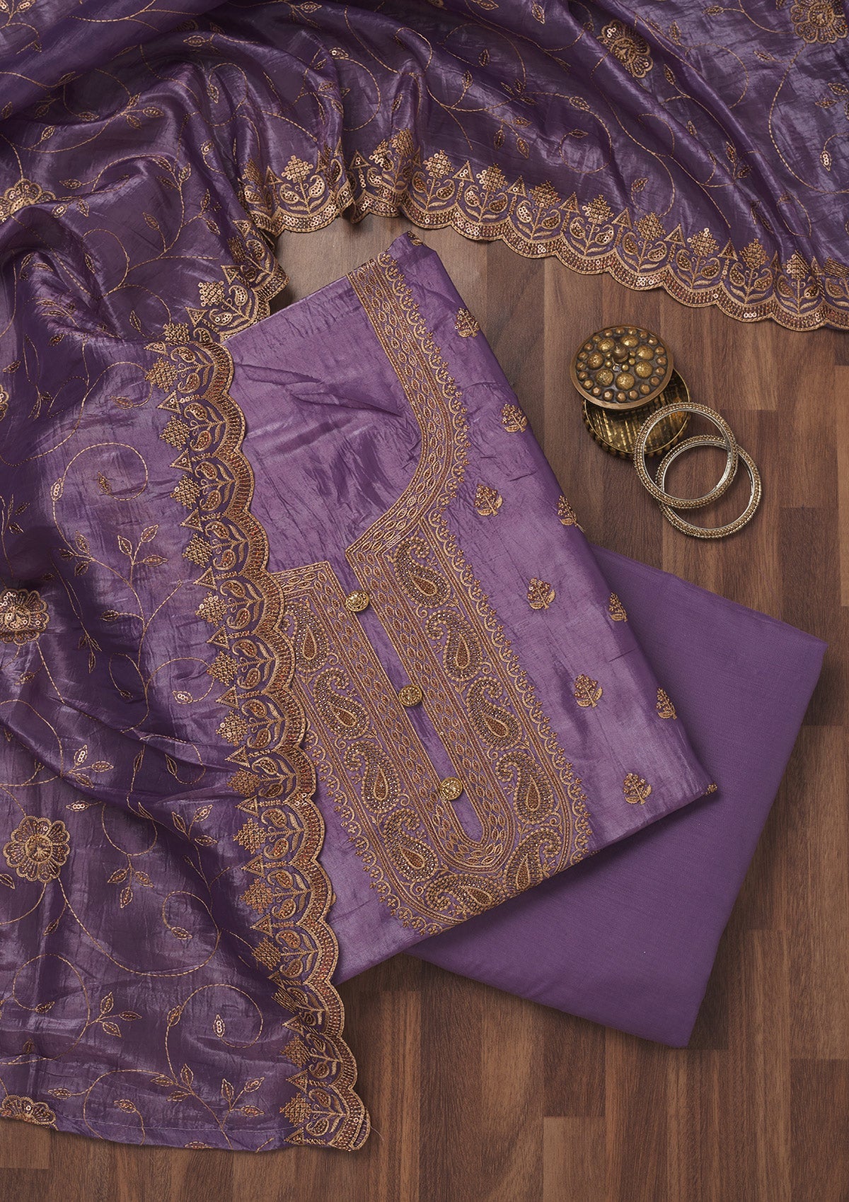 Purple Threadwork Raw Silk Unstitched Salwar Suit-Koskii