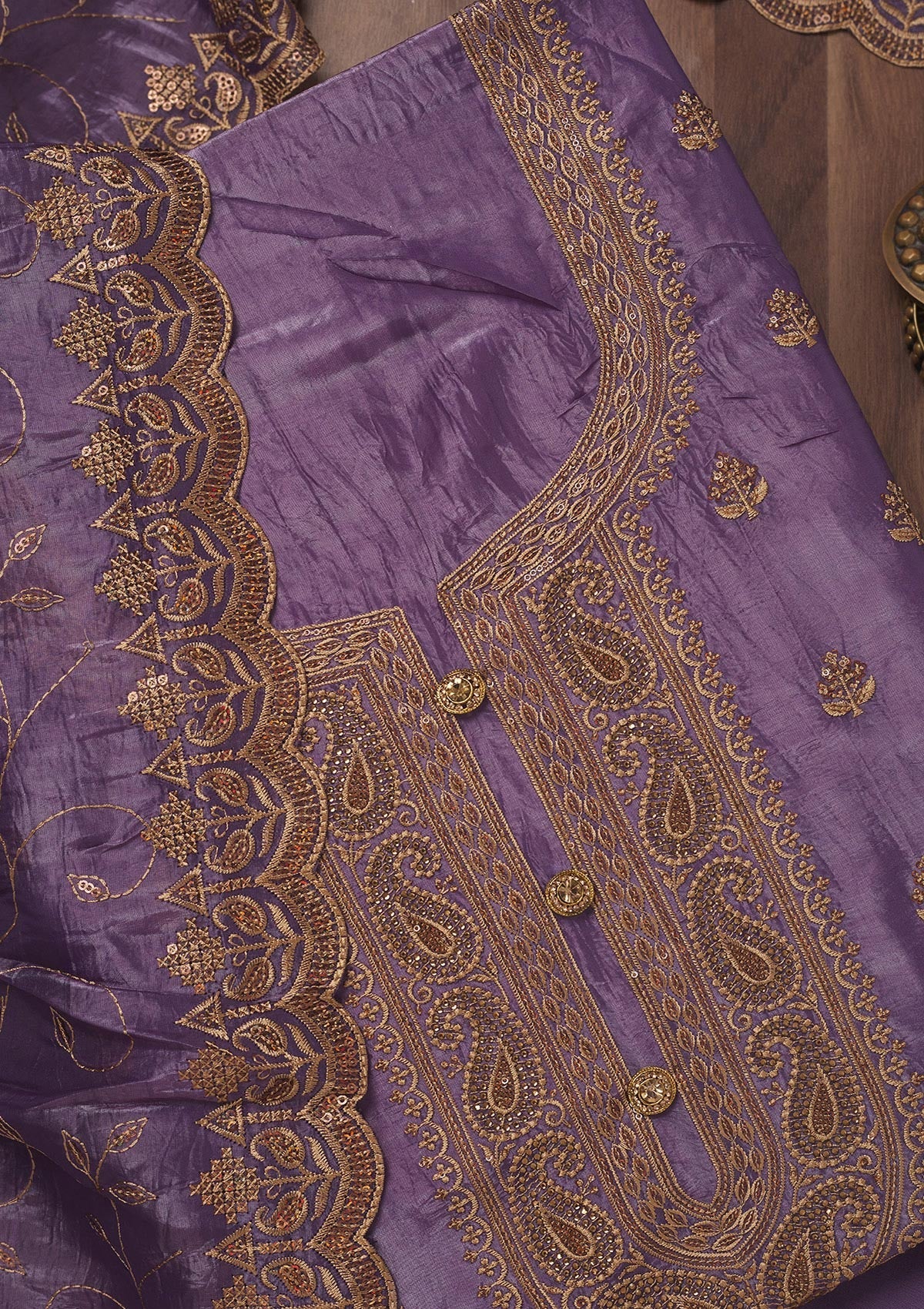 Purple Threadwork Raw Silk Unstitched Salwar Suit-Koskii