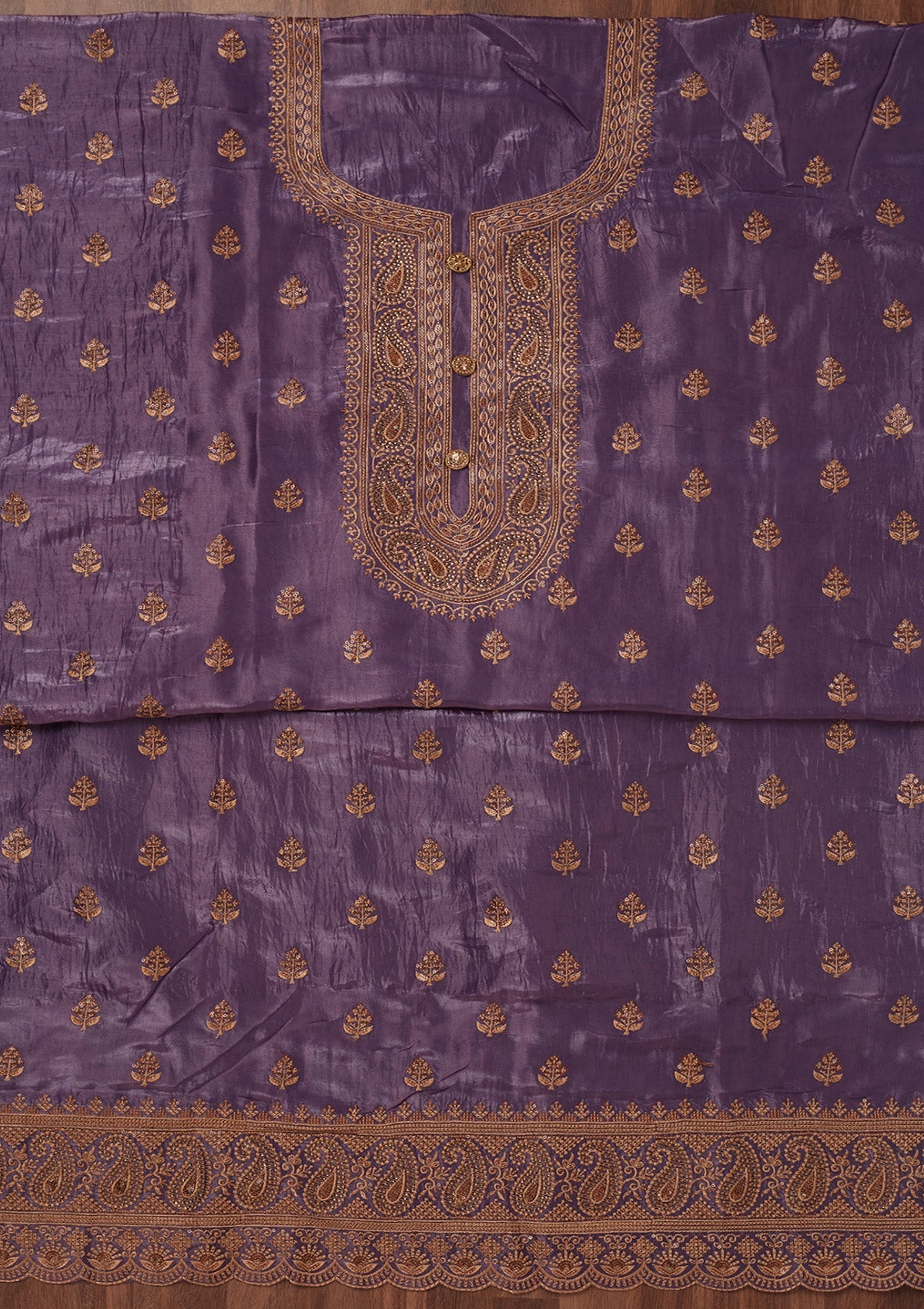 Purple Threadwork Raw Silk Unstitched Salwar Suit-Koskii