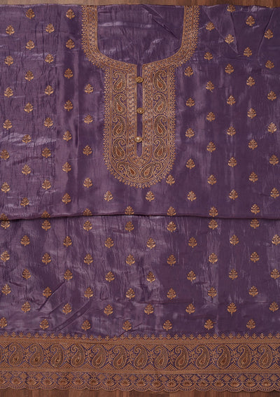 Purple Threadwork Raw Silk Unstitched Salwar Suit-Koskii