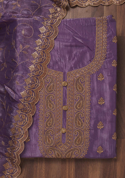 Purple Threadwork Raw Silk Unstitched Salwar Suit-Koskii