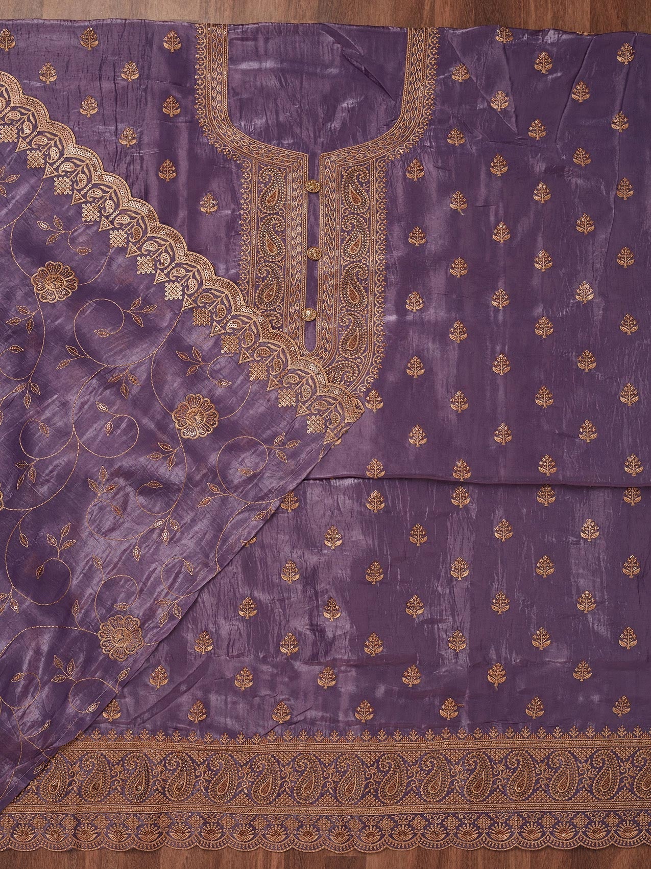 Purple Threadwork Raw Silk Unstitched Salwar Suit-Koskii