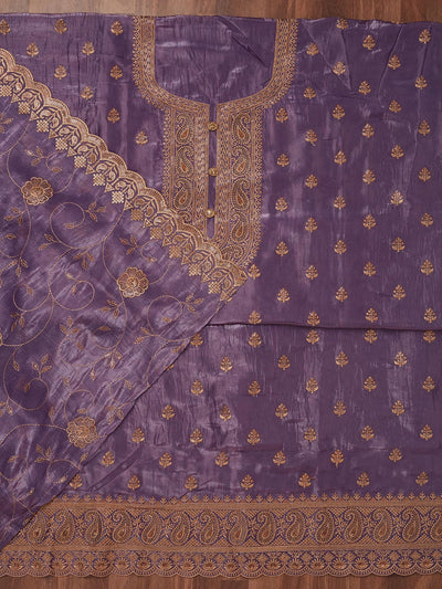 Purple Threadwork Raw Silk Unstitched Salwar Suit-Koskii