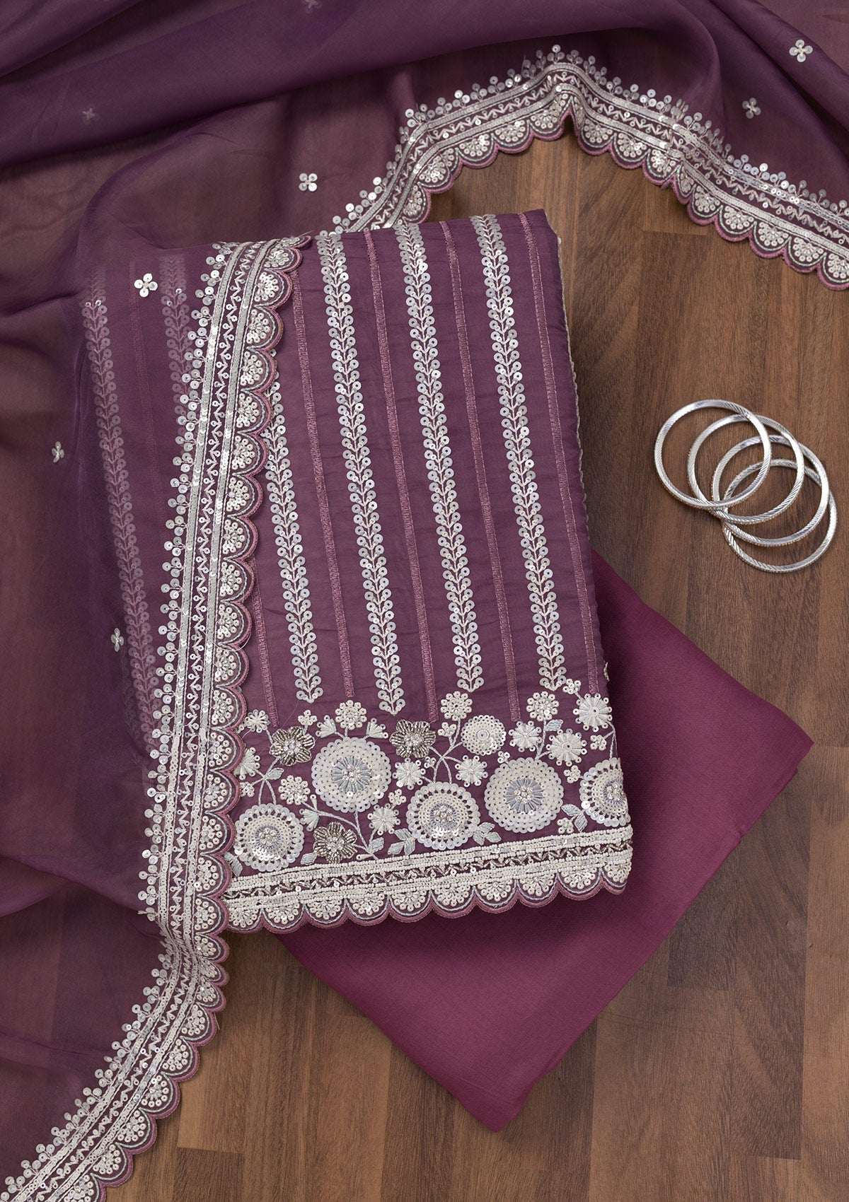 Purple Threadwork Tissue Unstitched Salwar Suit-Koskii