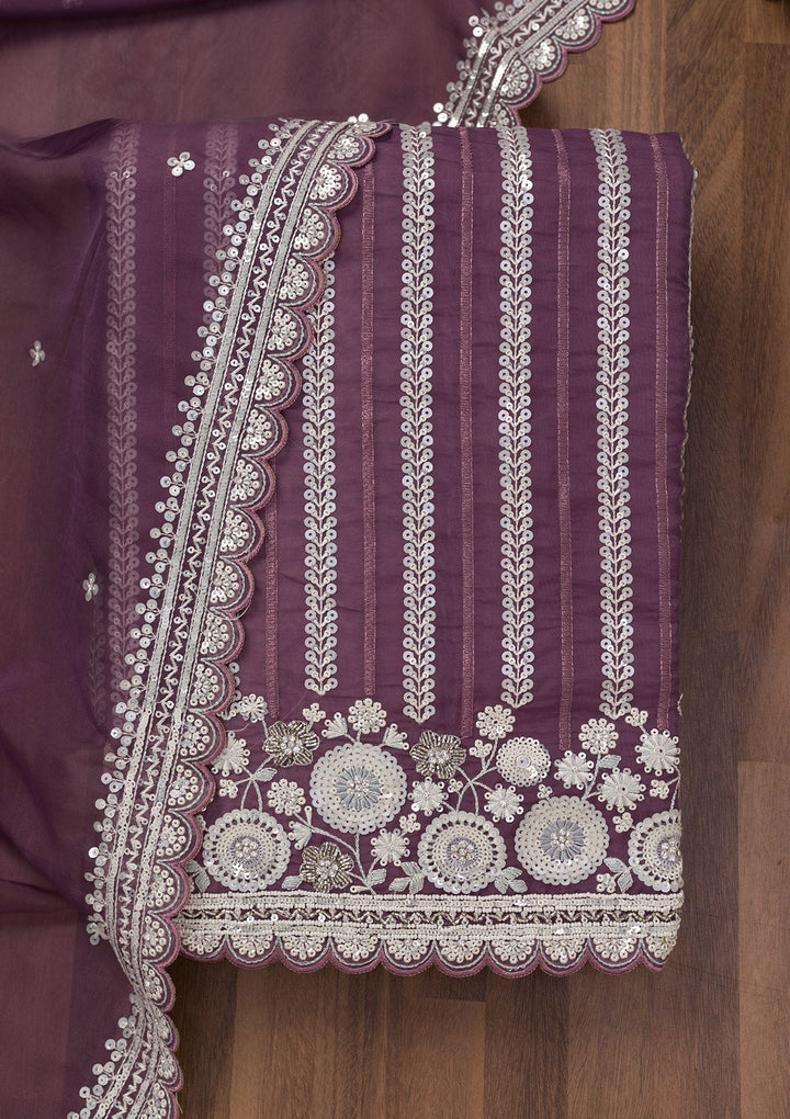 Purple Threadwork Tissue Unstitched Salwar Suit-Koskii