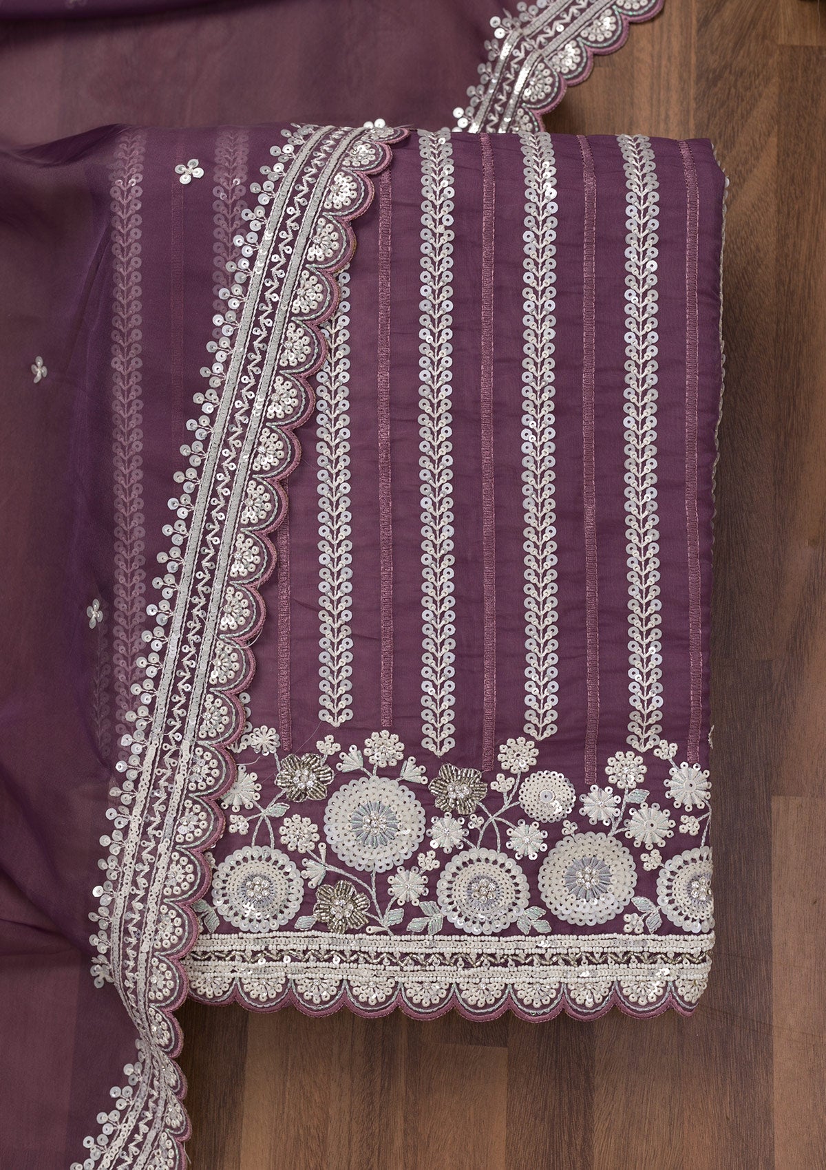 Purple Threadwork Tissue Unstitched Salwar Suit-Koskii