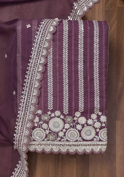 Purple Threadwork Tissue Unstitched Salwar Suit-Koskii