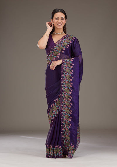 Purple Threadwork Tissue Saree-Koskii