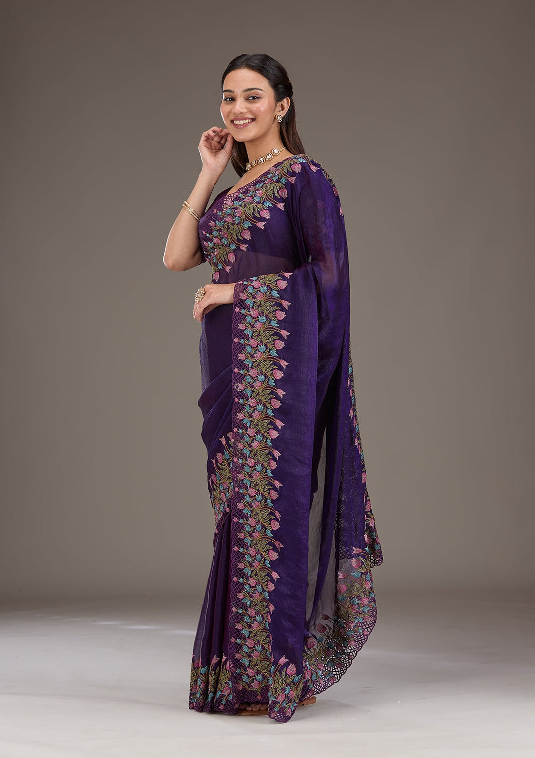 Purple Threadwork Tissue Saree-Koskii