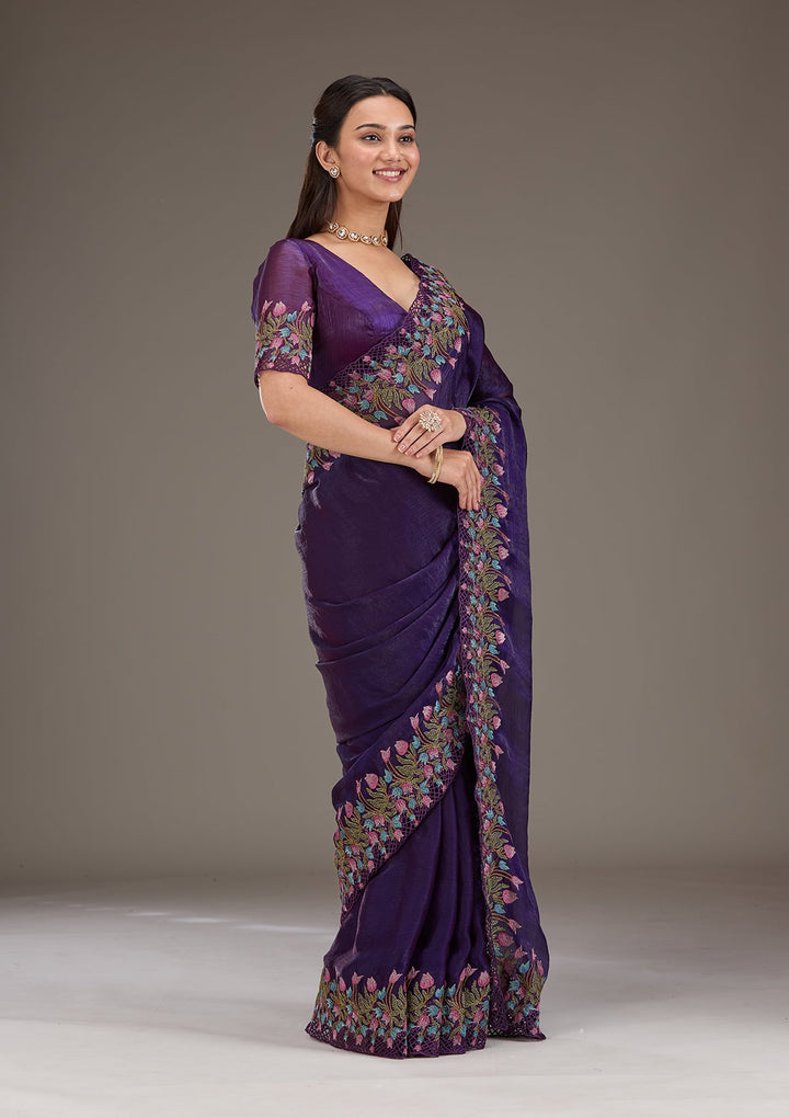 Purple Threadwork Tissue Saree-Koskii