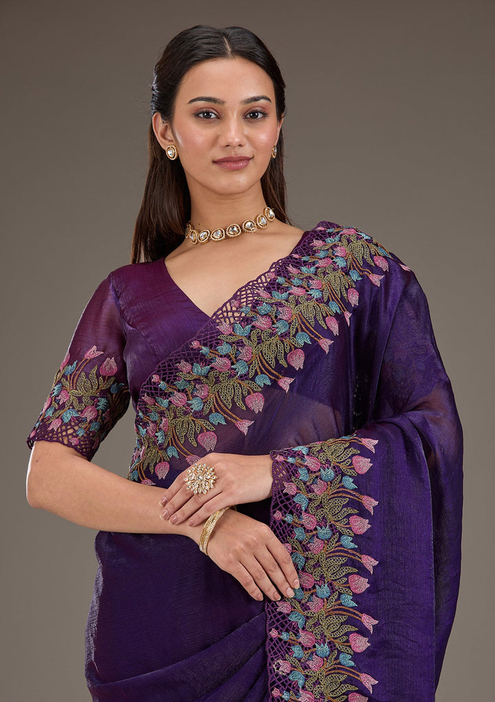 Purple Threadwork Tissue Saree-Koskii
