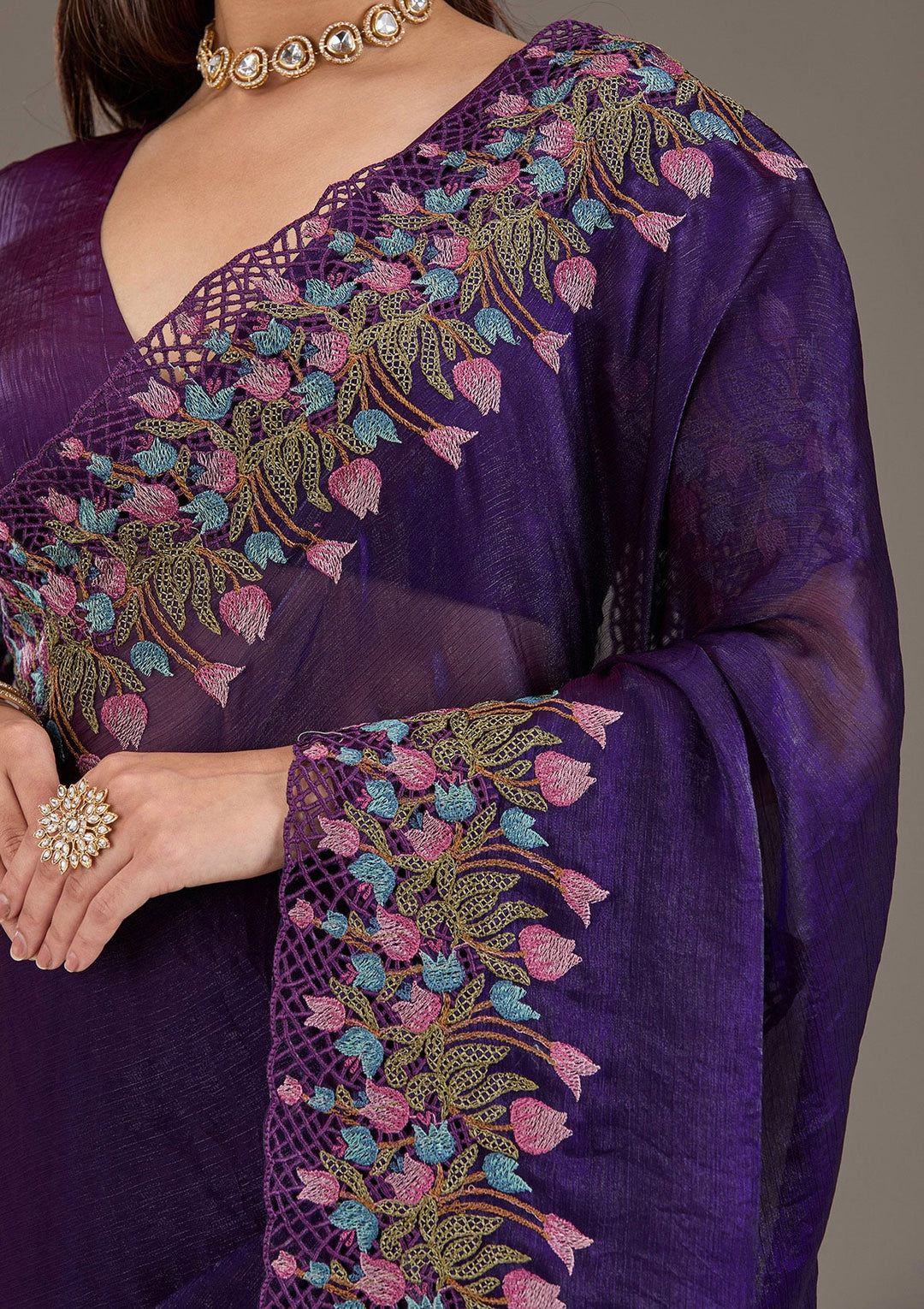 Purple Threadwork Tissue Saree-Koskii