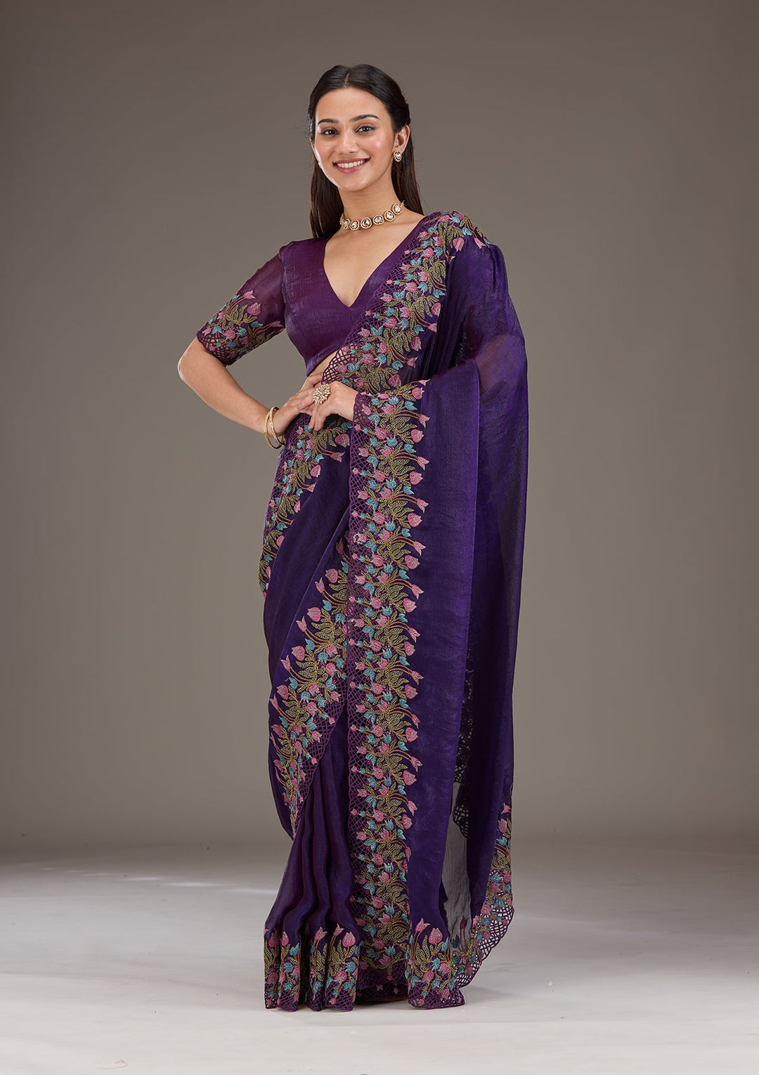 Purple Threadwork Tissue Saree-Koskii