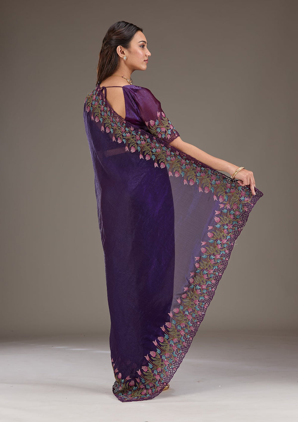 Purple Threadwork Tissue Saree-Koskii