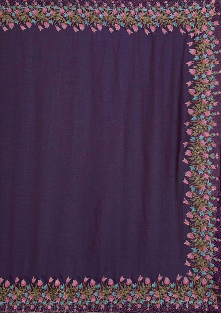 Purple Threadwork Tissue Saree-Koskii
