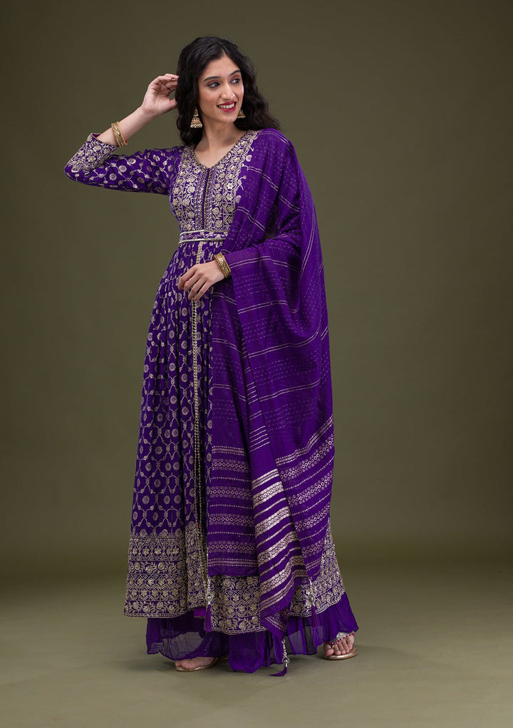 Purple Zariwork Art Silk Readymade Salwar Suit-Koskii
