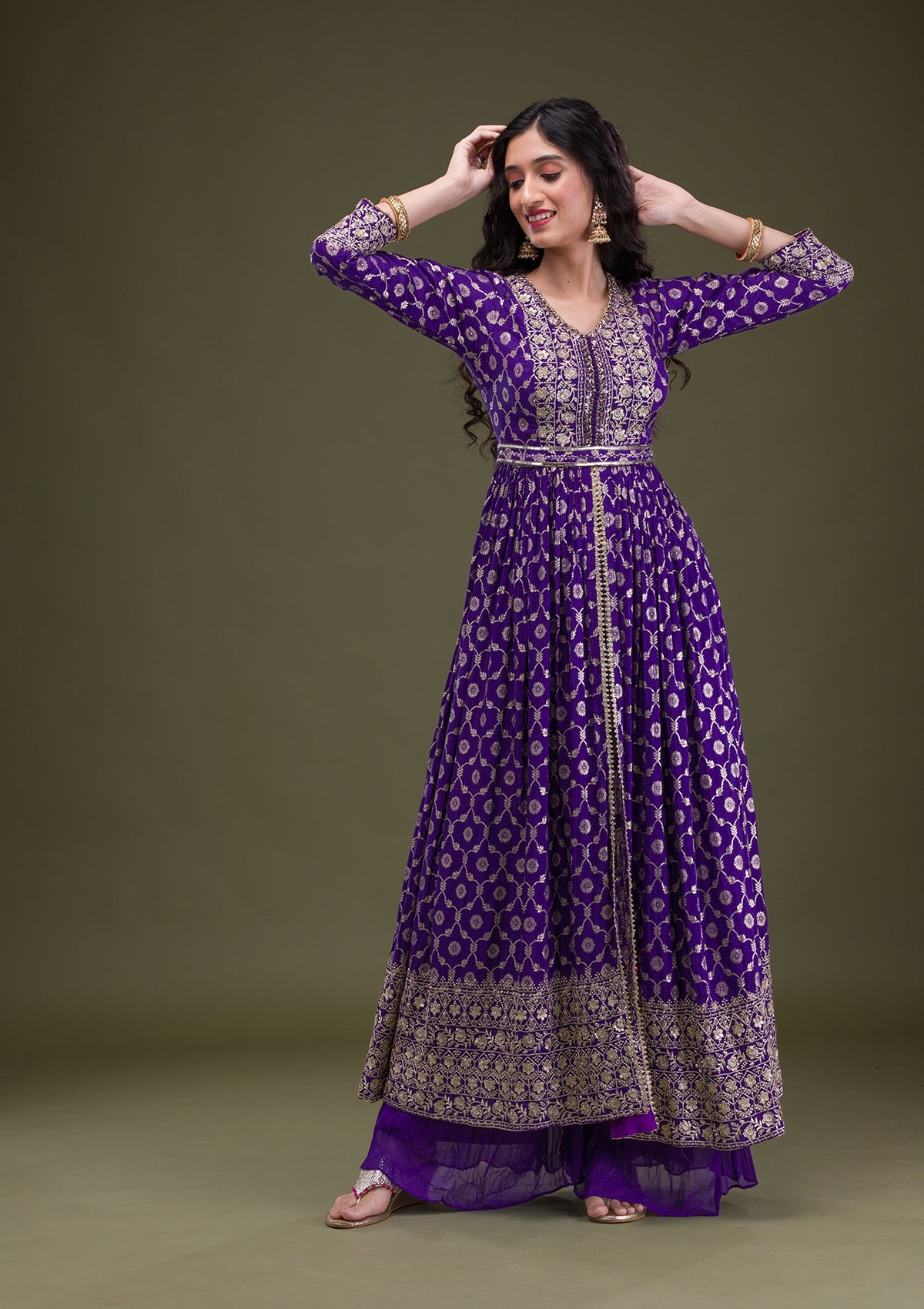 Purple Zariwork Art Silk Readymade Salwar Suit-Koskii