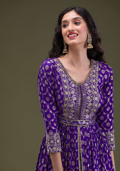 Purple Zariwork Art Silk Readymade Salwar Suit-Koskii